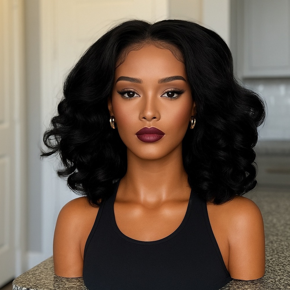 PEYTON | 12” Black Pre-plucked Curly Lace Front Wig Sweetheart Hairline